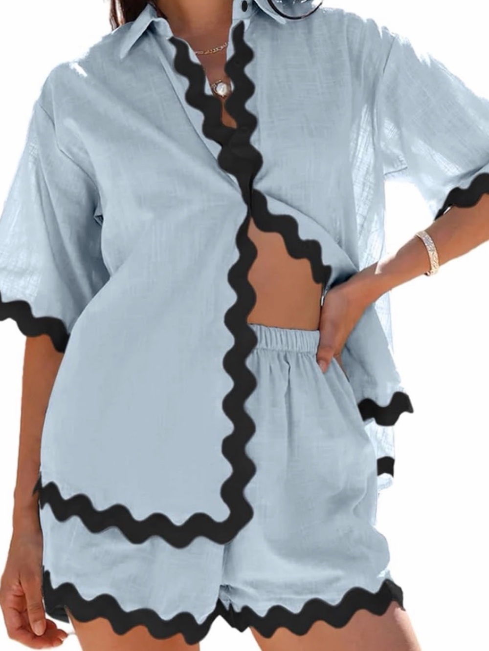 Light Blue Short SleeveSet with Rik Rak Black Trim - size Medium NWOT